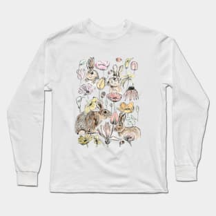 rabbit and flowers ink and watercolor Long Sleeve T-Shirt